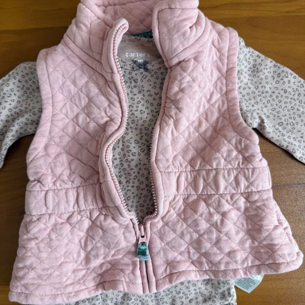 SALE Carter's Baby Girl Pink Quilted Vest‎ Leopard Print Bodysuit Set 9 Months